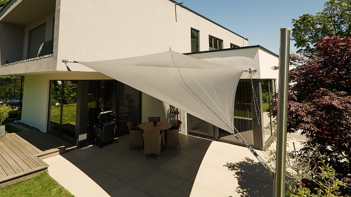 Sonnensegel-Anlage höhenverstellbar 6x4m luftdurchlässig - Komplett |  Terrasse 2 Mast/2 Wand